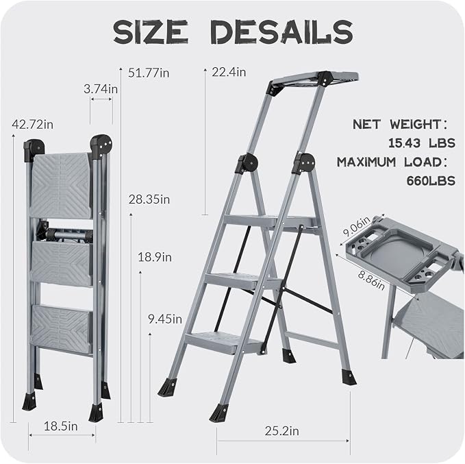 XinSunho 3 Step Ladder, Foldable Step Stool Ladder with Handrails & Tray, 660 lbs Heavy Duty Wide Pedals, Sturdy Steel Folding Ladder for Kitchen, Home, and Household Use(Gray, 3 Step)