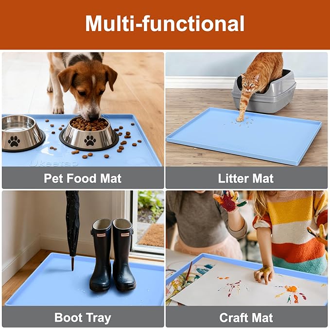 ukeetap Extra Thick Silicone Mat Waterproof with Raised Edge 34" x 22", Under Sink Mat for Kitchen & Bathroom, Kitchen Cabinet Liner, Multi-Purpose for Storage & Protection, Blue