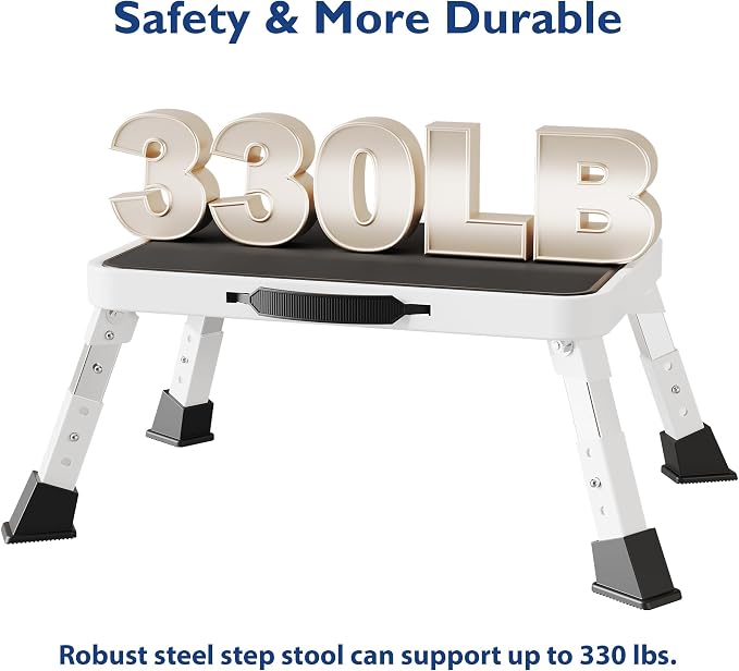 BONTEC Folding Step Stool, 3-Level Adjustable Metal Step Stool with Anti-Slip Pedal and Locking Legs, 330lbs Heavy Duty Folding Foot Stool, Portable Stepping Stool for Kids, Kitchen, Home, Office