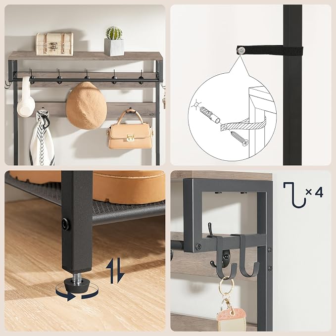 HOOBRO Hall Tree with Bench, Shoe and Coat Rack for Entryway, Coat Rack with Bench, Flip Top Storage Box, PU Cushioned Seat, Non-Woven Fabric Drawer, for Entrance, Greige and Black BG110MT01