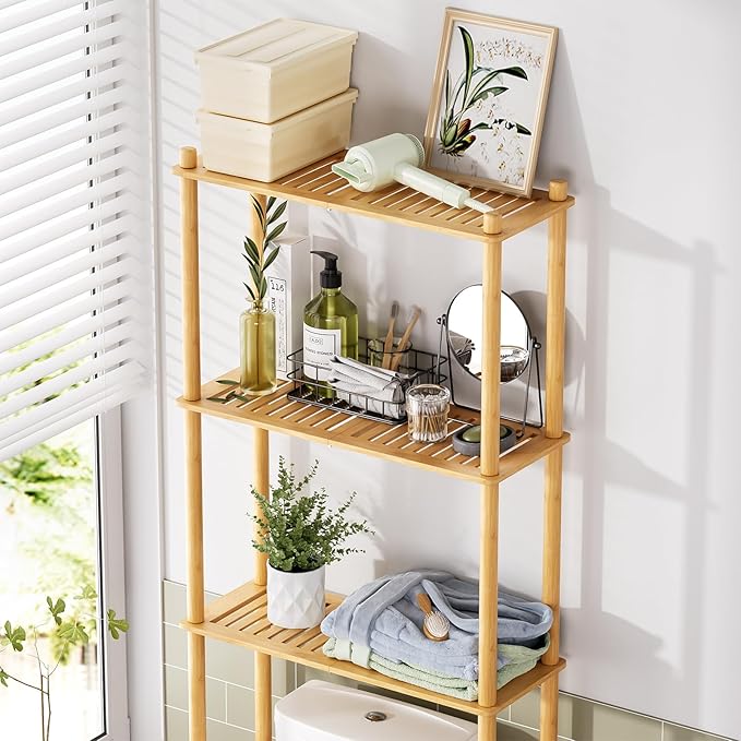 AmazerBath Over The Toilet Storage Bamboo, Bathroom Over Toilet Organizer Rack, 3-Tier Freestanding Above Toilet Shelf for Bathroom, Laundry, Space Saver, Natural Color