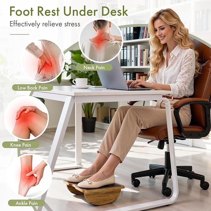 Ergonomic Wooden Footrest for Under Desk, Foot Rest with Anti-Slip Surface, Comfortable Desk Foot Stool for Office Home Gaming, Improve Posture & Promote Blood Circulation