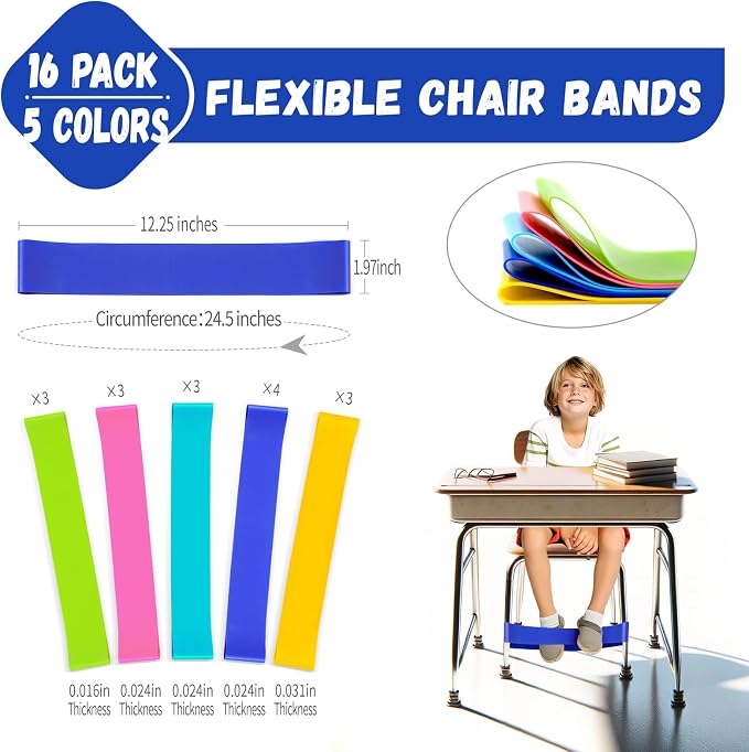 16 Pack Chair Bands for Kids with Fidgety Feet, ADHD Tools for Kids, Improve Focus & Reduce Restlessness, Chair Bands for Sensory ADHD ADD Autism - Classroom & Home Must Haves (Multicolor)