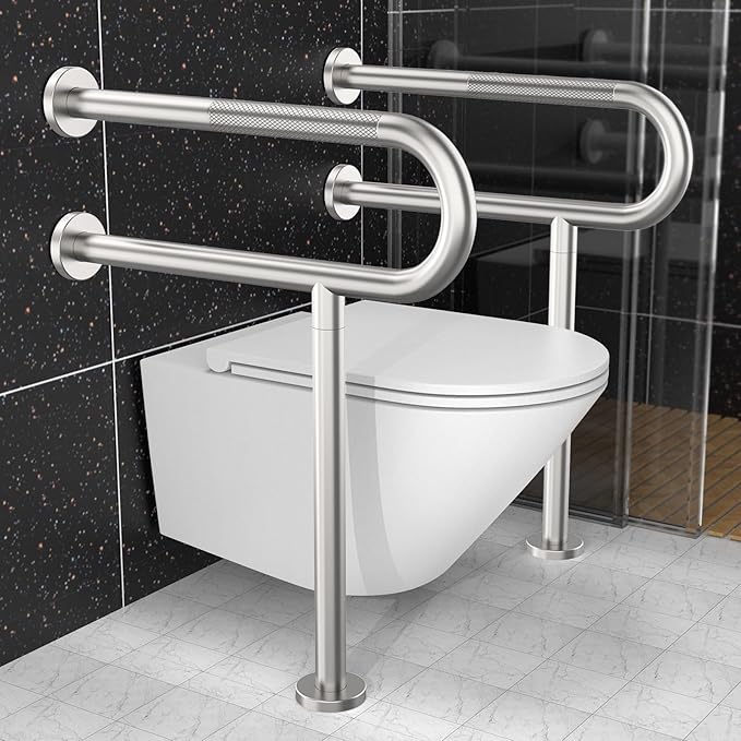Toilet Support Rail 24 Inch, Munzong Anti-Slip Satin Brushed Nickel Handicap Grab Bar for Bathroom, Stainless Steel Knurled Safety handrails with Leg for Elderly Disabled Pregnant-1.25’Tube