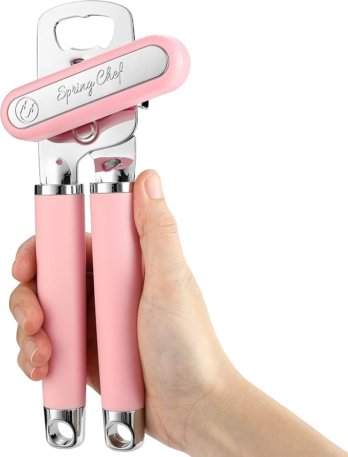 Spring Chef Stainless Steel Can Opener - Manual with Soft Grip Handles, Easy Turn, Heavy Duty Hand Can Openers for Seniors with Smooth Edge - Magnetic Lid Remover - Pink Lemonade