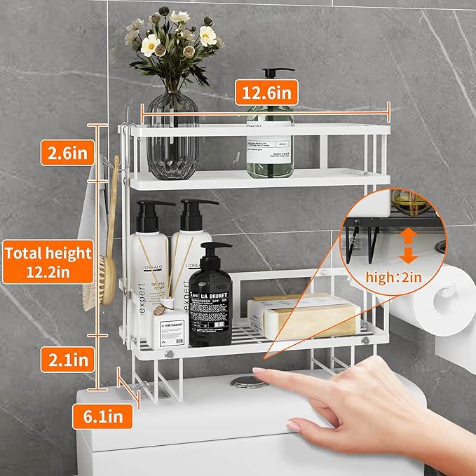 Godboat Bathroom Organizer - Over the Toilet Storage Cabinet, 2-Tier Floating Shelves, Wall Shelf with 2 Hooks & Paper Rack, Cool Accessories & Decor, Gifts for Women, Mothers Day (White)
