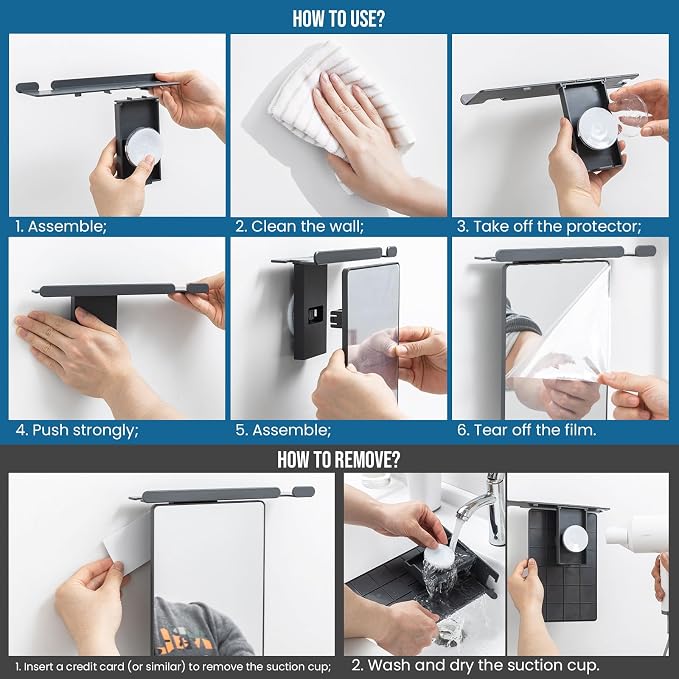 TAILI Shower Mirror Fogless for Shaving with Razor Holder, Anti-Fog with Powerful Suction Wall Mounted for Bathroom, Makeup Shave Mirror for Men & Women, Shatterproof & Removable, Grey