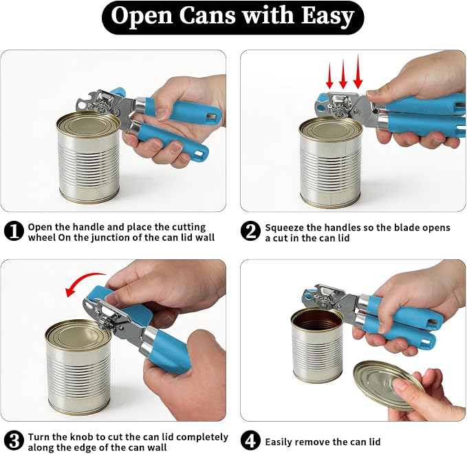 Can Opener Manual, Hand Heavy Duty Stainless Steel Bottle Opener Comfortable Handle, Sharp Blade Smooth Edge, Multifunctional Kitchen Tool, Blue