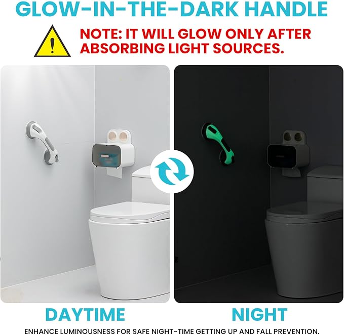 TAILI Shower Grab Bar Glow in The Dark, 2 Pack 12.2 in Grab Bars for Bathtubs and Showers,Shower Handles Rails for Seniors and Elderly,Bathroom Safety Grip Removable No Drilling Waterproof Grey,G9