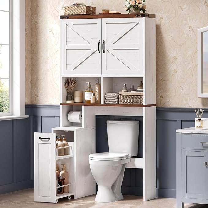 UPOSOJA Farmhouse Over The Toilet Storage Cabinet with Pulley Small Bathroom Storage Cabinet, Space Saver W/Adjustable Shelf & Open Shelf for Bathroom, Restroom, Laundry (White Brown-Type B)