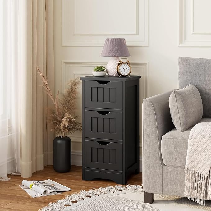 Floor Cabinet with 3 Drawers, Freestanding Side Storage Organizer, Wooden Storage Cabinet for Bathroom Home Office Living Room(Black)