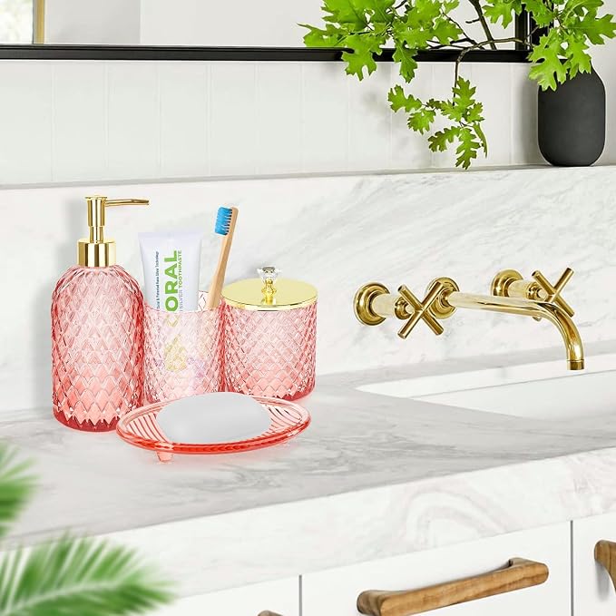 Haturi Pink Bathroom Accessories Set, 4 Pcs Glass Bathroom Accessory Set Complete w/Soap Dispenser, Toothbrush Holder, Qtip Holder, Vanity Tray, Gold Bathroom Set Decor, Gift for Girl Home Apartment