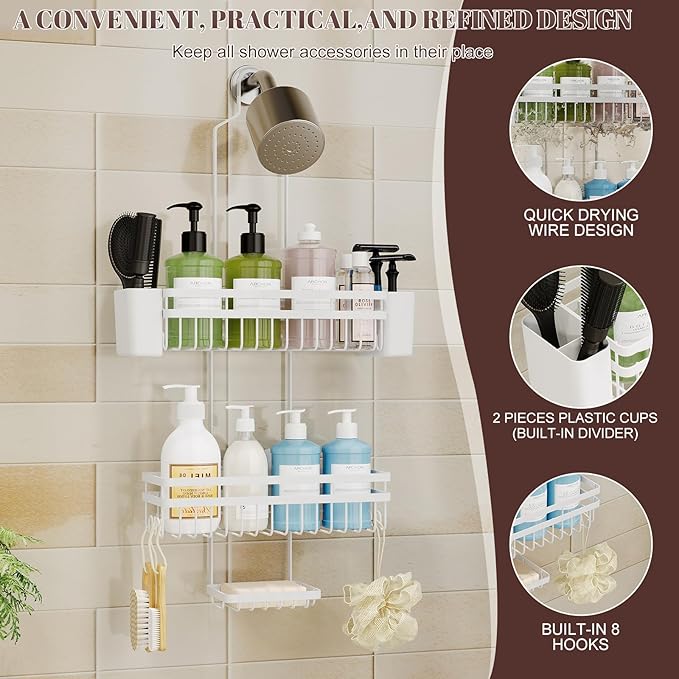Shower Caddy Hanging for Bathroom Organizers and Storage, 3 Tier Adjustable Anti-Swing Shower Organizer hanging with Heavy-Duty Suction Cups, Damage-Free Rustproof (White)