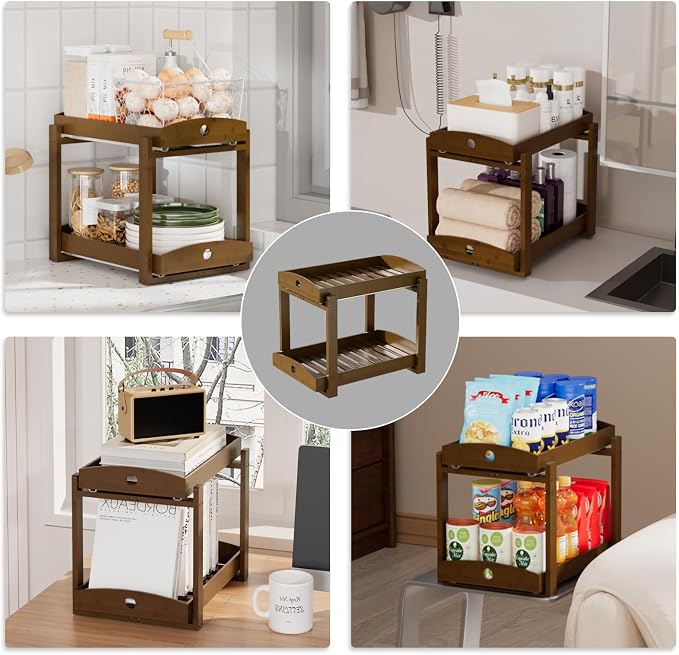 Bamboo Wood Under Sink Organizer 1 Pack, Pull Out Cabinet Organizer 2 Tier Under Sink Organizers and Storage w/Sliding Drawer Sturdy Easy Assembly for Kitchen Bathroom Undersink (Walnut, 2 Packs)