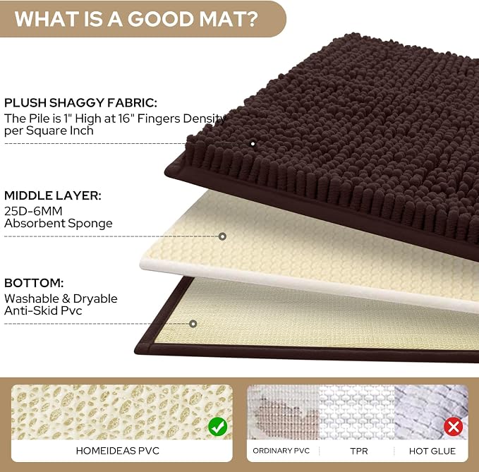 HOMEIDEAS 3 Pieces Bathroom Rugs, Ultra Soft Non Slip Absorbent Chenille Toilet Bath Mat Set (Brown)