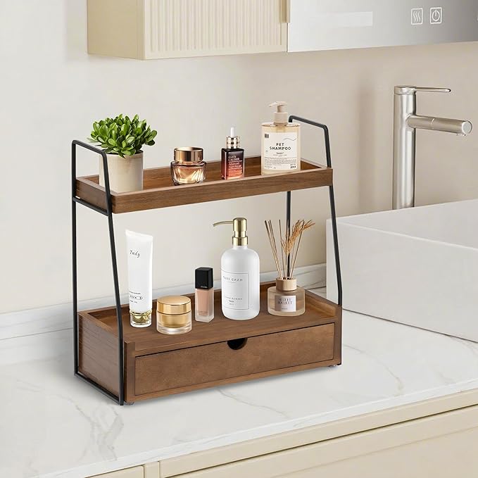 2-Tier Bathroom Organizer Countertop with Drawer, Wood Counter Organizer for Bathroom Decor, Sink Shelf for Vanity Storage, Makeup Tray for Perfume Skincare, Spice Rack Bedroom Kitchen Corner
