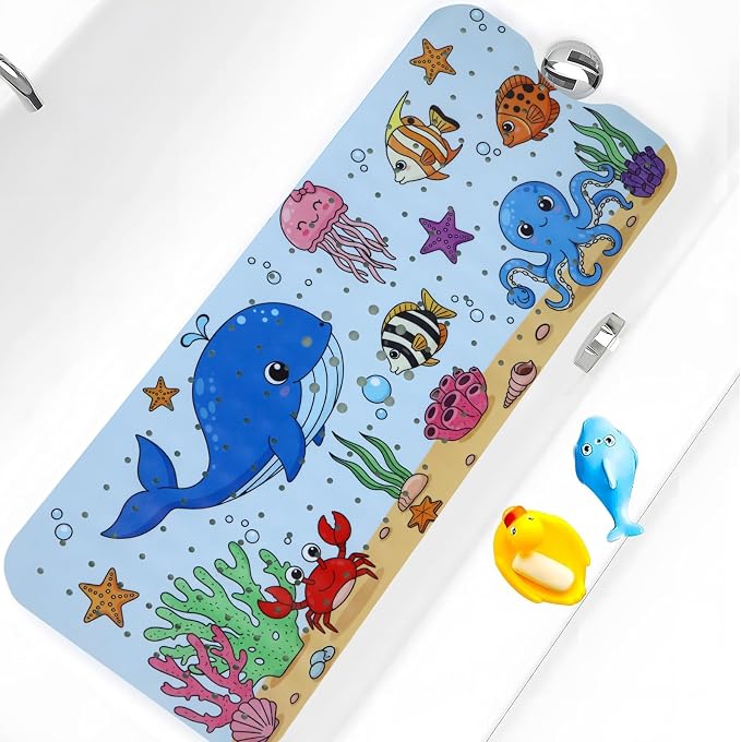 Bath Tub Shower Mat Non Slip Kids Bathtub Mat Anti Slip Baby Bath Mat for Tub 40 x 16 Inch Extra Long Toddler Bath Mat with Suction Cups and Drain Holes for Bathroom Floor,Machine Washable,Undersea