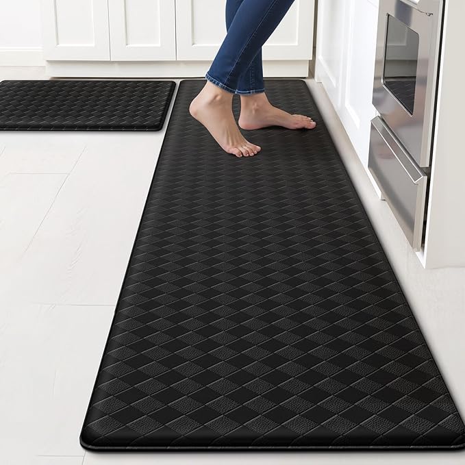TranquilRelax 2-Piece Anti-Fatigue Kitchen Mats, Cushioned Non-Slip Waterproof Sink & Stove Floor Mats, Comfortable Standing Rug Set for Kitchen, Laundry & Entryway, Black