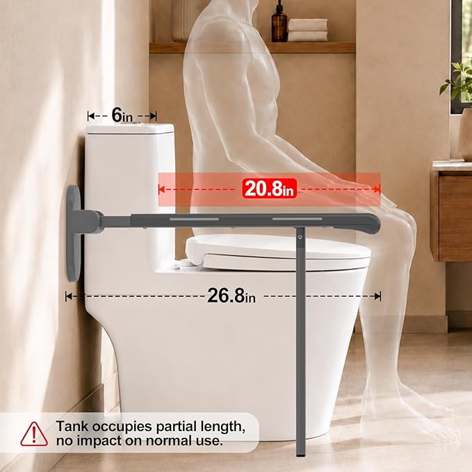 SPECILITE Heavy Duty Toilet Grab Bar - 440lb Sturdy Support, Safety Rails with Non-Slip Waterproof handrail & Night Glow Strips, Space Saving Flip-Up Design for Elderly, Disabled, Pregnant(Grey)