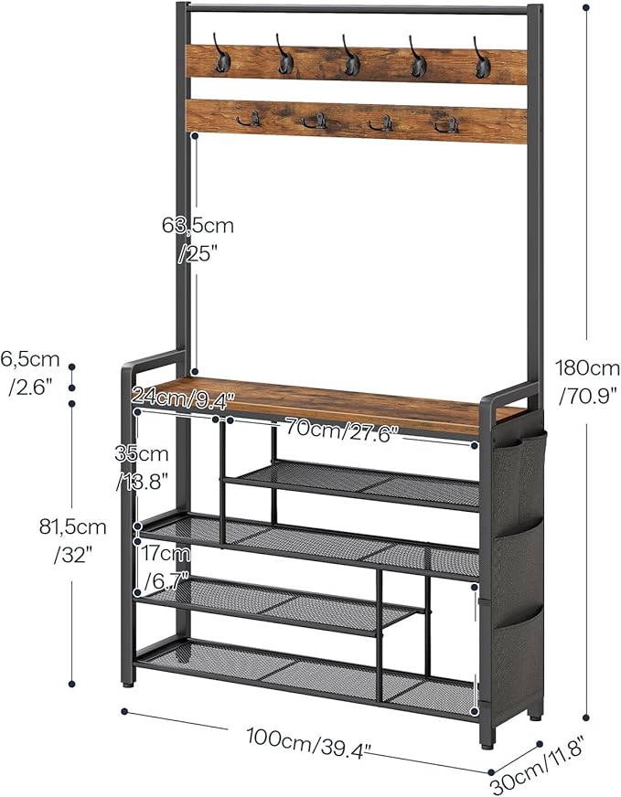 HOOBRO Hall Tree with Bench, Shoe Rack with Coat Rack, 39.4" Coat Rack with Shoe Storage, 5 Tier Shoe Storage Organizer, Oxford Fabric Side Pockets, Coat and Shoe Rack Entryway, Rustic Brown BF46MT01