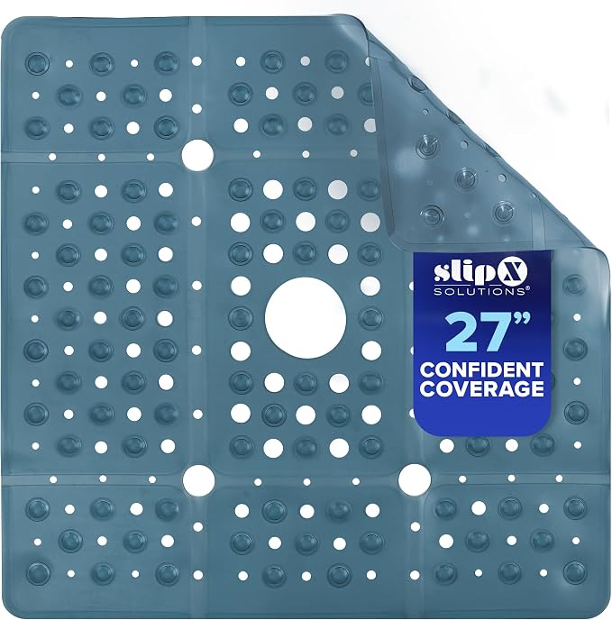 SlipX Solutions 27" Oversize Square Shower Mat, Non-Slip Mat for Elderly & Kids, 100+ Power Grip Suction Cups for Smooth Surfaces, Machine Washable, Dusty Blue