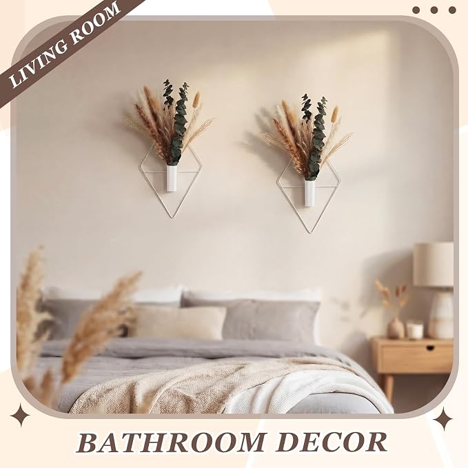 Jexine 4 Pcs Hanging Planters with Artificial Pampas White Metal Hanging Vase Indoor Plants Holder Modern Geometric Boho Bathroom Wall Decor for Living Room Home Office