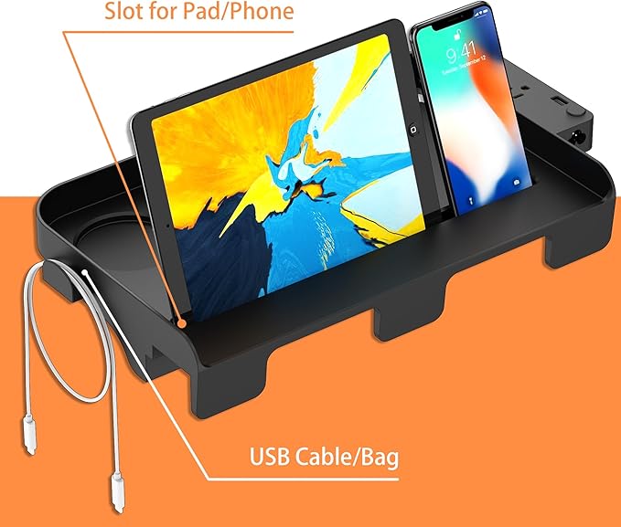 Bedside Shelf for Dorm Bunk Bed with USB Charging Port and 2 AC Outlets, Bedside Caddy, Attachable Bedside Table, College Dorm Essential Clip On Bedside Tray, Bunk Bed Accessories, Bedroom Furniture