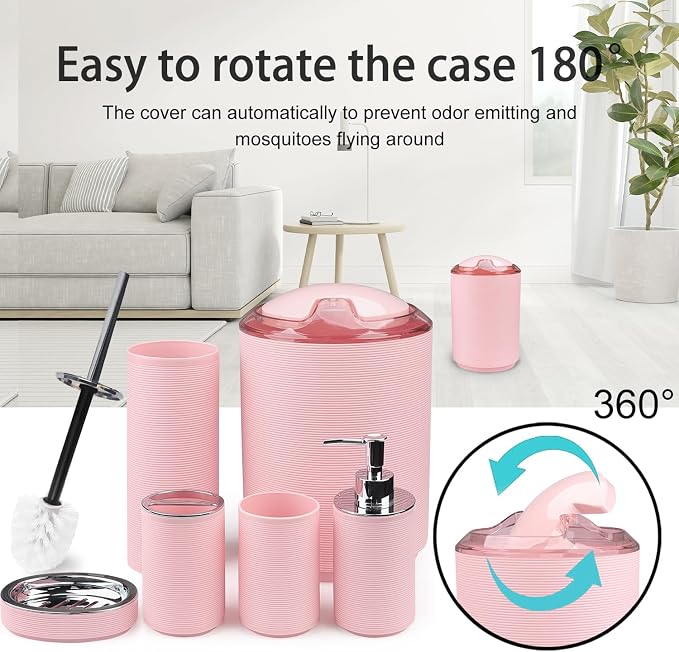CERBIOR Bathroom Accessories Set Bath Ensemble Includes Soap Dispenser, Toothbrush Holder, Toothbrush Cup, Soap Dish for Decorative Countertop and Housewarming Gift (Pink Spiricle)