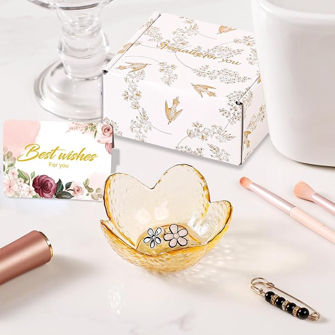 Yellow Flower Ring Dish Jewelry Dish Glass Jewelry Tray Small Trinket Tray Ring Holder Dish Cute Room Decor Aesthetic Bathroom Decor House Warming Engagement Birthday Gifts for Women Stocking Stuffers