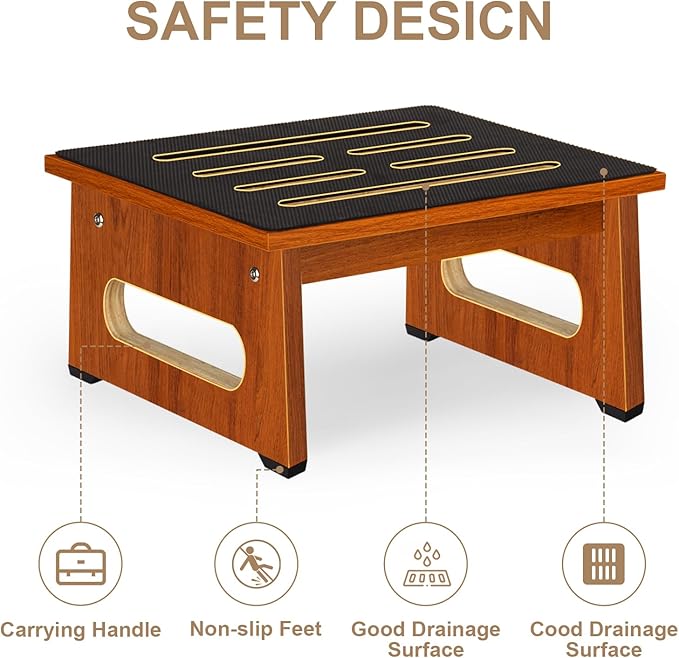 Step Stool, Bed Steps for High Beds for Adults with Non-Slip Rubber Stepping Surface and Handles, 450 LBS Capacity for Bedroom Kitchen Bathroom, or Bedside, Senior Support (Brown)