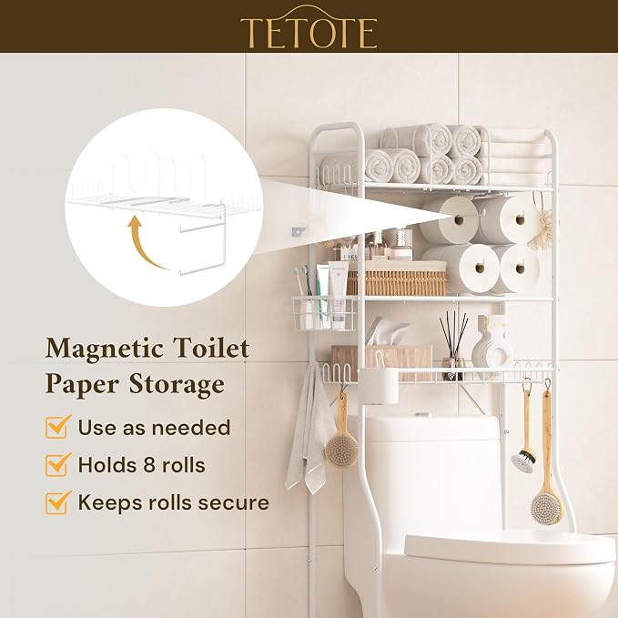 TETOTE Over The Toilet Storage Rack, 3-Tier Bathroom Organizer Shelf Over Toilet with Toilet Paper Roll Holder, Freestanding Metal Rack, White