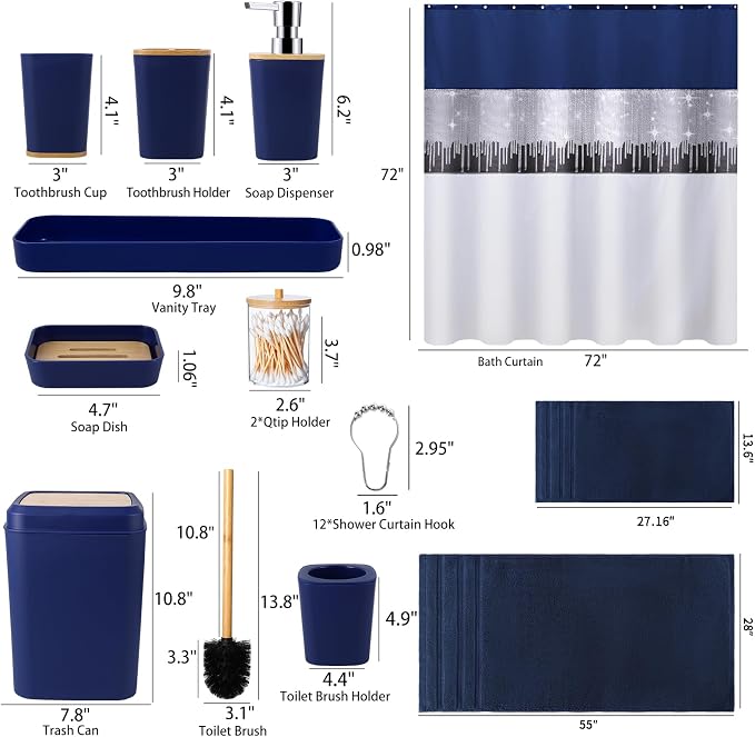 Bathroom Accessories Set with Sequin Shower Curtain, Navy Blue Bathroom Set with Trash Can,Towel Set,Shower Curtain Set
