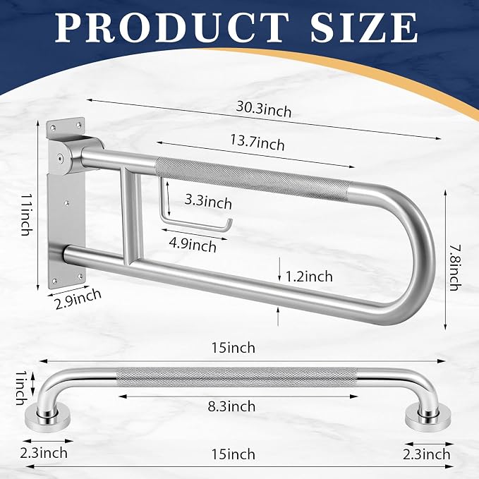 Zonon 3 Pcs Shower Grab Bar Set 30.3 Inch Flip-up Toilet Grab Bar with Paper Holder, 2 Pcs 16 Inch Stainless Steel Shower Handles for Elderly, Disabled, Pregnant Anti-Slip Safety Bathroom Handrails