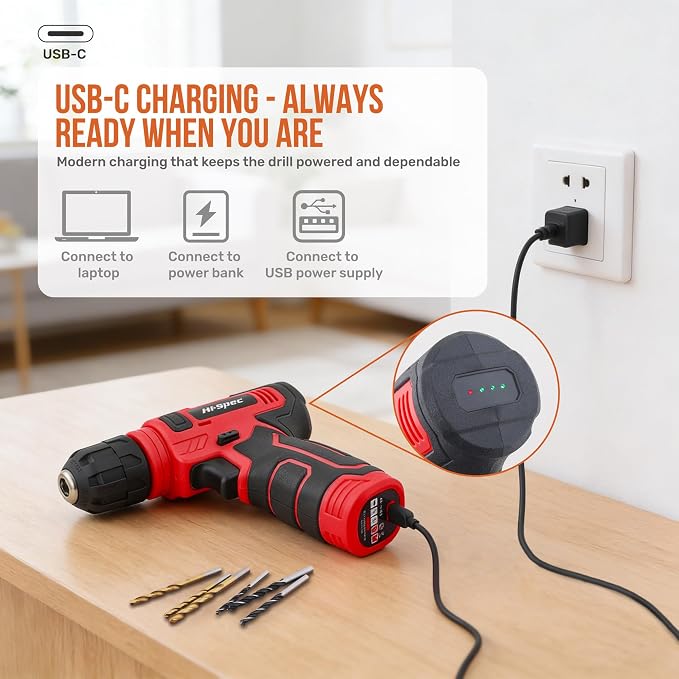 Hi-Spec Tool Set with 8V Cordless Drill Set. Complete DIY Tool Kit with USB Rechargeable Electric Drill Driver for Women and Men, Home Repair & Maintenance, in a Compact Toolbox.