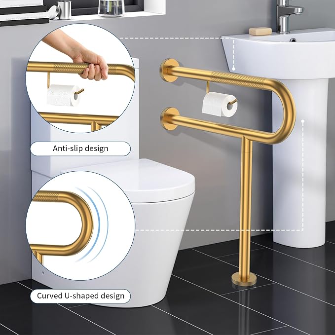 Toilet Grab Bar with Leg 24x28 Inch, ZUEXT Brushed Gold Knurled Toilet Support Bar with Toilet Paper Holder, Stainless Steel Wall & Floor Mounted Bathroom Support Rail for Elderly Disabled Pregnant