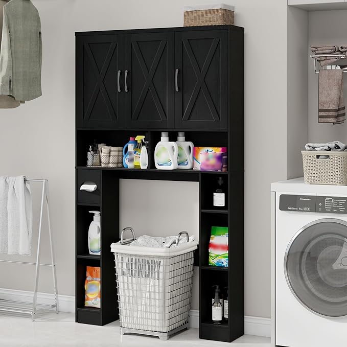 Over The Toilet Storage Cabinet, Farmhouse Toilet Cabinet Rack with 3 Barn Doors, Space Saving Bathroom Organizer with Shelves, Toilet Paper Holder and Towel Rack for Bathroom,Restroom,Laundry, Black.