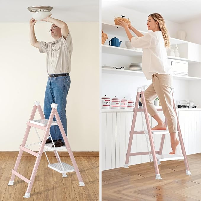 DIAMONDFORGE 3 Step Ladder, Folding Step Stool with Anti-Slip Wide Pedal, Anti-Slip Feet, Sturdiest Steel Construction, 330lbs Capacity Steel Ladder for Home and Office, Pink White