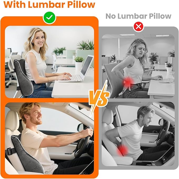 CloudBliss Ergonomic Lumbar Support Pillow Seat Cuhsion - Memory Foam for Lower Back Pain Relief, Adjustable Straps & Mesh Cover for Office, Gaming, Car Seat (XL, Grey)