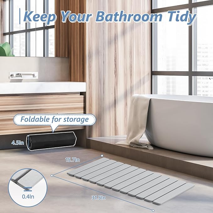 AWW Foldable Stone Bath Mat, Quick Dry Diatomaceous Earth Bath Mat with Non-Slip Mat, Super Absorbent, Easy to Clean, Compact for Small Bathrooms, 31.5 x 15.7, Light Grey