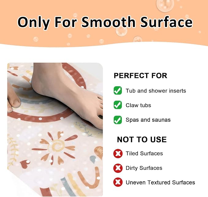 Topotdor Baby Bathtub Mat Non Slip for Kids, 40 X 16 Inch Cute Cartoon Bath Tub Shower Mat Anti Slip with Suction Cups & Drain Holes, Boho Rainbow