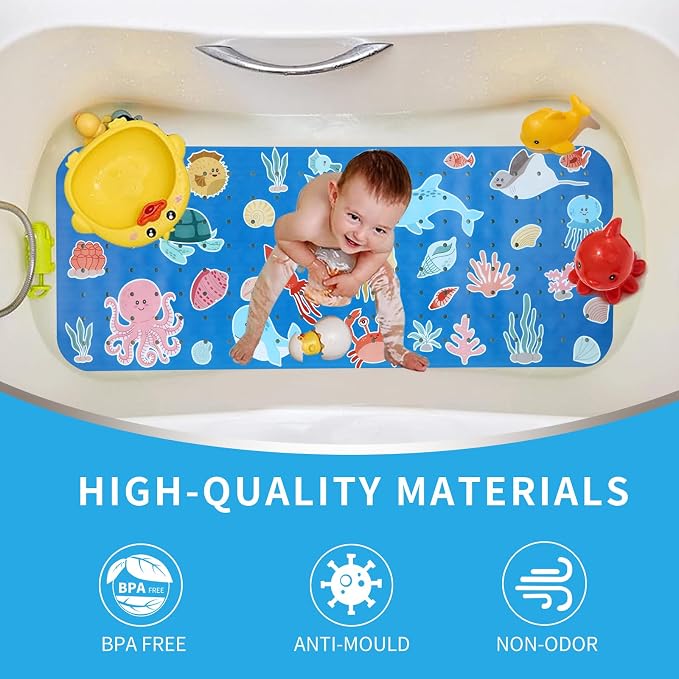 Bath Tub Shower Mat Non Slip Kids Bathtub Mat Anti Slip Baby Bath Mat for Tub 40 x 16 Inch Extra Long Toddler Bath Mat with Suction Cups and Drain Holes for Bathroom Floor,Machine Washable,Octopus