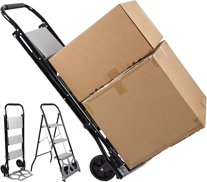 2-in-1 Hand Truck Step Ladder, Dolly Cart Step Stool, Multi-Functional Foldable Hand Trolley and Ladder for Warehouse Garage Office or Home Use (Black-Silver, 3 Step)