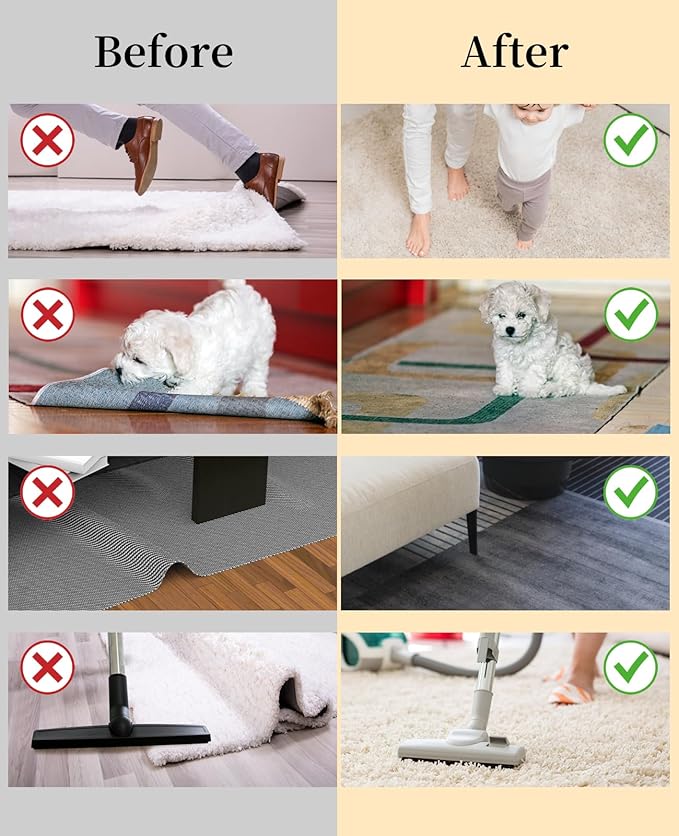 8-Pack DIY Tear-to-Fit Rug Gripper Pads | Dual-Adhesive Non-Slip Tape for Hardwood, Tile & Laminate | Hand-Tearable Shape Customization, No Residue & Floor Safe Carpet Stickers