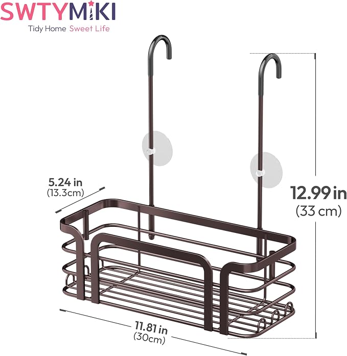 SWTYMIKI Shower Caddy Hanging Organizer - Over the Door Shower Caddy with 6 Hooks, 2 Installation Ways, Stainless Steel Rustproof Bathroom Organizer, Bronze