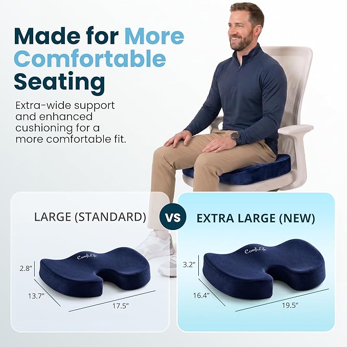 ComfiLife Extra Large Gel & Memory Foam Seat Cushion - Doctor Recommended Office Chair Cushion, Car Seat Cushion - Back & Sciatica Pain Relief - Wide Seat Cushion for Big & Tall (Navy Blue)
