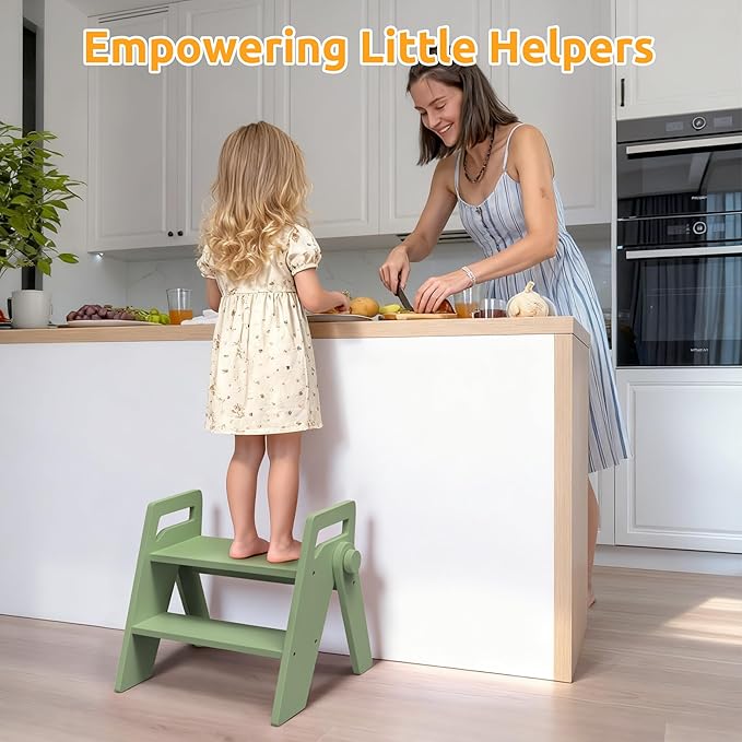 Wooden 2 Step Stool for Toddler Kids Bathroom Foldable 2-Step for Toilet Potty Training, Child Stepping Stool for Kitchen Nursery Bedroom Green