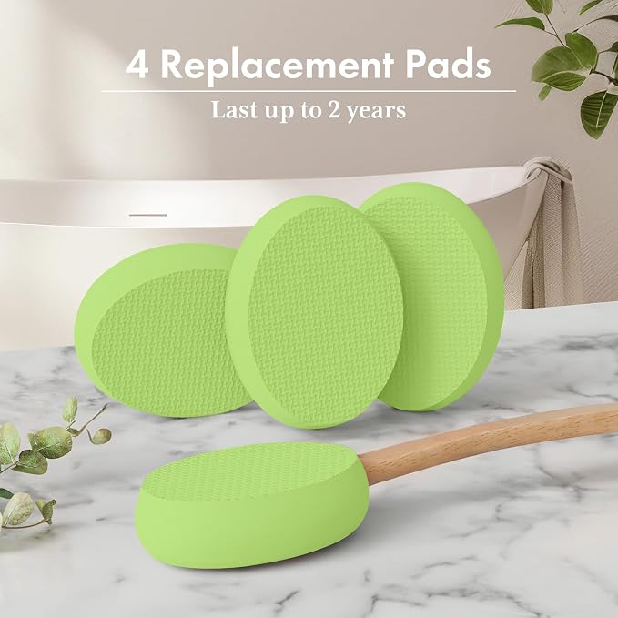 AmazerBath Lotion Applicator for Back, Feet, 4 Replacement Pads with 17" Curved Handle, Back Sunscreen Applicator for Kids, Elderly, Apply Skin Cream Medicine Moisturizer Tanner, Soft Grass Green