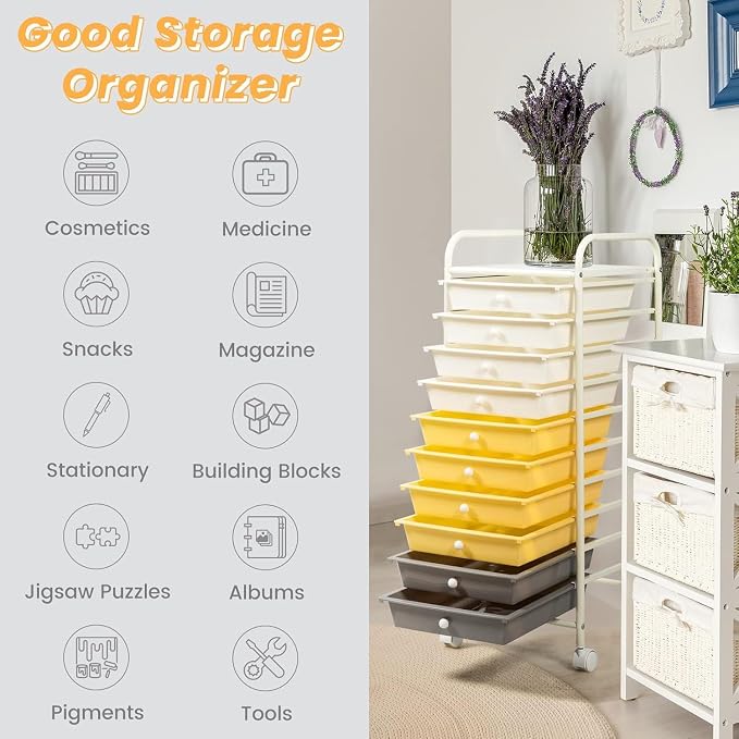 10-Drawer Rolling Storage Cart, Trolley w/Lockable 360° Wheels, 10 Removable PP Drawers, Sturdy Metal Frame, Rolling Utility Cart Perfect for Home, Office, Classroom (Yellow)