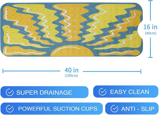 Sun Bathtub Mat Non Slip for Kids 40x16in Extra Long Anti Slip Bath Mat for Tub Abstract Art Bath Shower Mat with Large Drain Holes and Suction Cups Boho Sun Design Modern Minimalism Bathroom Decor