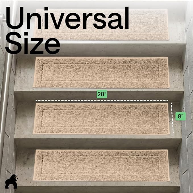 GORILLA GRIP Peel and Stick Stair Treads, 12 Pack, for Wooden Steps, Multi-Surface Use, Machine Washable Carpet Runners, Indoor Rugs for Stairs, Pet Friendly, Universal Size, Beige, 8x28 Inches